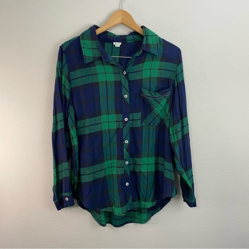 Aerie Green Blue Striped Button Down Flannel Long Sleeve Women’s Medium